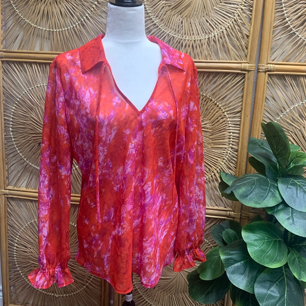 Sheer Vintage Vneck Collar with Front Ties and Flouncy Ruffled Sleeves